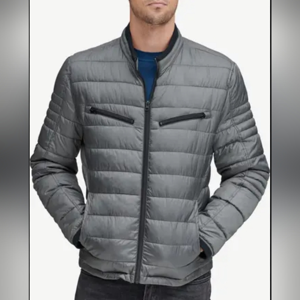 Men's Andrew Marc Jacket Biker Puffer XL Silver
